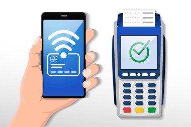 Terminalde NSF ödemesinin vektör illüstrasyonu onaylandı. Akıllı telefondan cep telefonu ödemeleri.