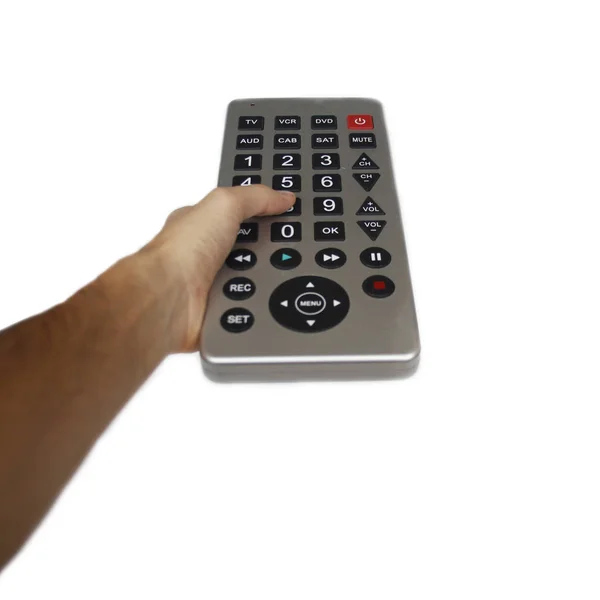 Ręka Trzyma Telewizję Rękę Odizolowany Białym Tle Kciuk Naciska Przycisk — Zdjęcie stockowe