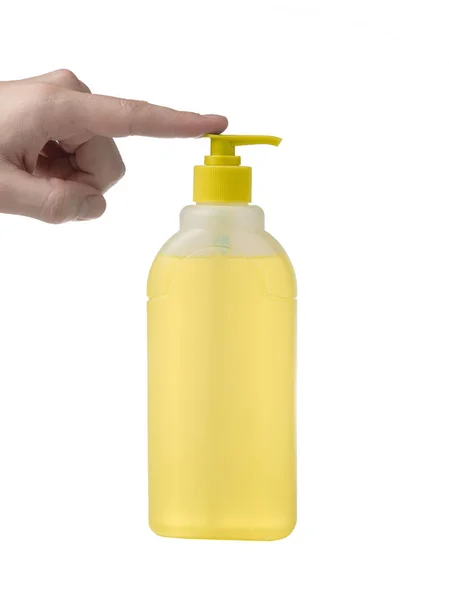 使用液体肥皂上白色孤立的女性手 — 图库照片