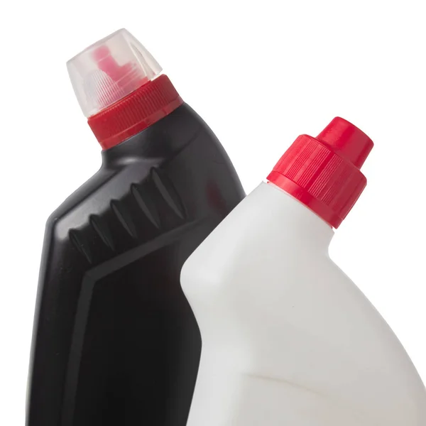 Frascos Plástico Blanco Negro Con Tapa Roja Para Detergente Aislado —  Fotos de Stock