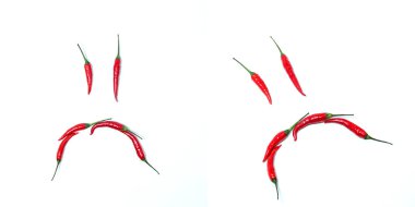 Set of chili pepper sad smile. whole red chili peppers on white background. Flat lay, top view