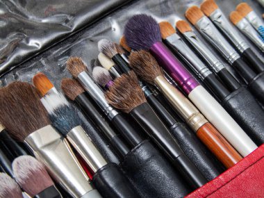 Makyaj tasarımcısı fırçası seti. Kırmızı deri bir çantada makyaj fırçası. sanat fırçaları yakın çekim