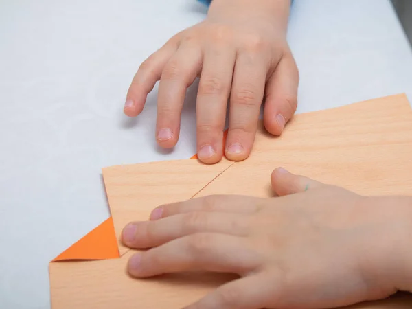 Instrukce Krok Krokem Dítě Tréninku Doma Během Karantény Dělá Origami — Stock fotografie