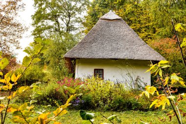Kiev, Ukrayna: Orta Ukrayna 'nın tipik eski bir ahşap evi. Geleneksel Ukrayna köyünün mimarisi.