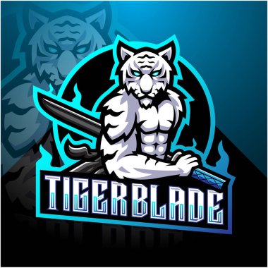 Beyaz kaplan ve kılıç esport maskotu logosu.