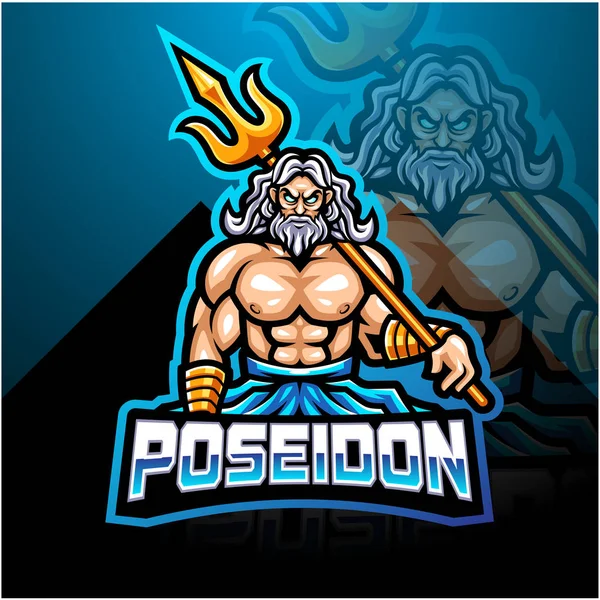 Poseidon Esport Disegno Del Logo Della Mascotte Con Arma Tridente — Vettoriale Stock