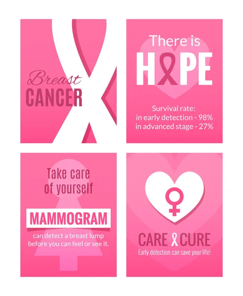 Conjunto de carteles de sensibilización sobre el cáncer de mama — Archivo Imágenes Vectoriales