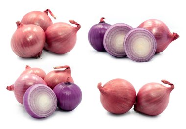 Beyaz arkaplanda izole edilmiş kırmızı soğan veya arpacık soğanı kümesi