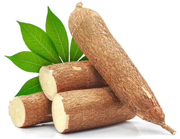 Beyaz arkaplanda yalıtılmış Cassava kökü