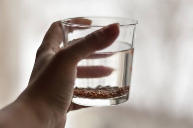 Keten tohumları filizlenmek için suyla birlikte bir bardağa koyulur.