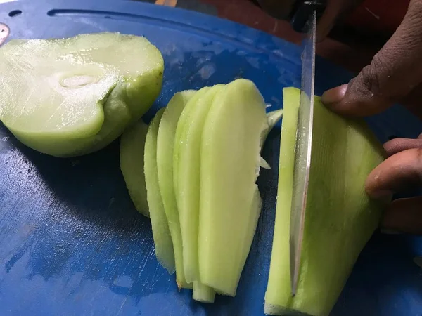 Chow Chow Vegetable Being Cut Cooking Kitchen Pear Shaped Gourd — Stock Photo, Image