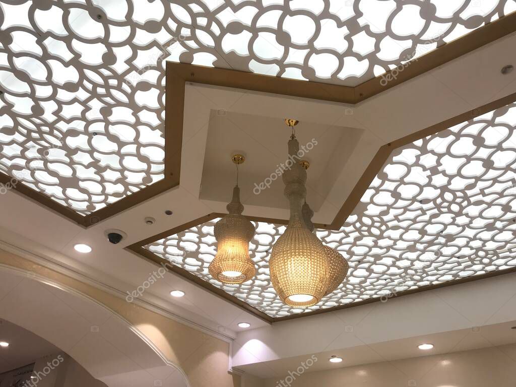 Suspended Gypsum false ceiling design with beautiful chandelier for an decoration of entrance area of banquet hotel