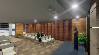 İç mimari tasarımı olan çok amaçlı bir salonda çalışan bir Arap kadın tarafından sunulurken bir Seminer salonunun 3B görüntüsü oluşturuldu.