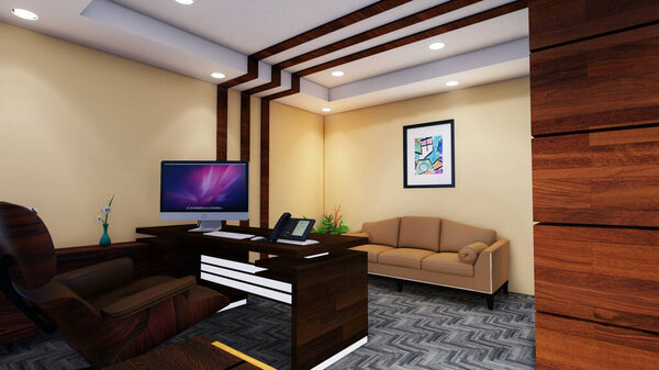 Three Dimensional 3 D interior office design and fully furnished furniture for an chief executive Officer of an reputed multinational company
