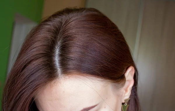 Włosy na kobiecej głowie z bliska. Kolor włosów brązowy. — Zdjęcie stockowe