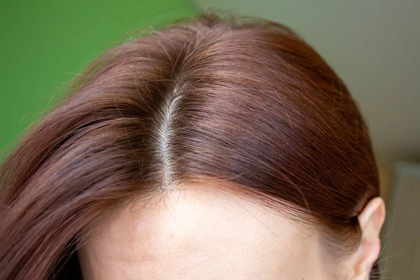 Hair on a womans head close-up. Hair brown color of. — ストック写真