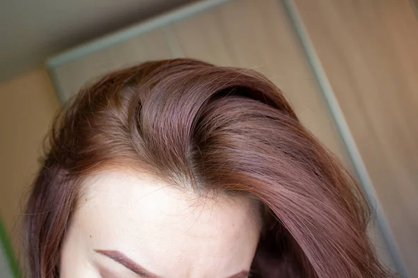 Hair on a womans head close-up. Hair brown color of. — 스톡 사진