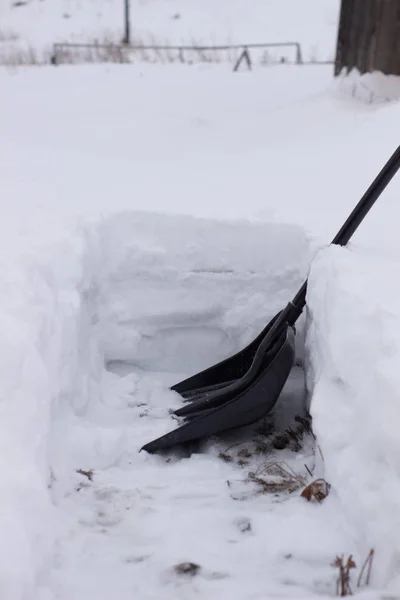 Servicio de limpieza de la ciudad nieve invierno con pala después de patio tormenta de nieve. luz solar —  Fotos de Stock