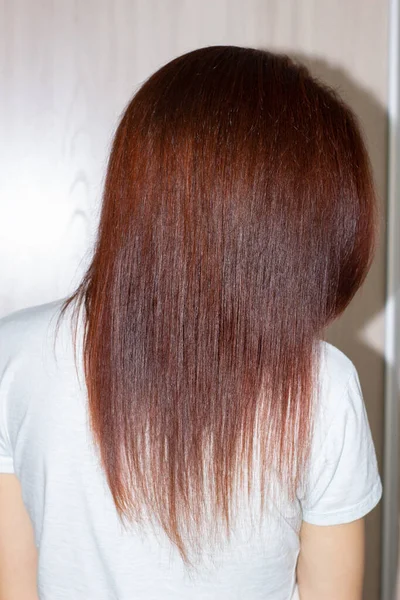 Das lange glatte kastanienbraune Haar der Frau. glatte lange Haare. — Stockfoto