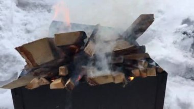 Izgara partisi için yanan ateş. Şenlik ateşinde kırmızı kömür. 4k