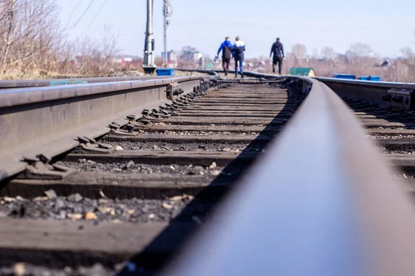 Ringhiere Lunghe Primo Piano Ferrovia Traversine Legno — Foto Stock