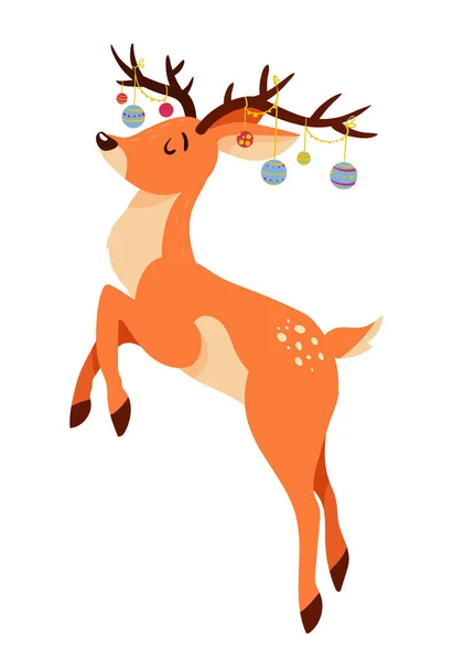 Χαριτωμένο ελάφι κινουμένων σχεδίων με μπάλες Χριστουγέννων σε κέρατα απομονώνονται σε λευκό φόντο. Χριστουγεννιάτικη κάρτα χαιρετισμού. — Διανυσματικό Αρχείο