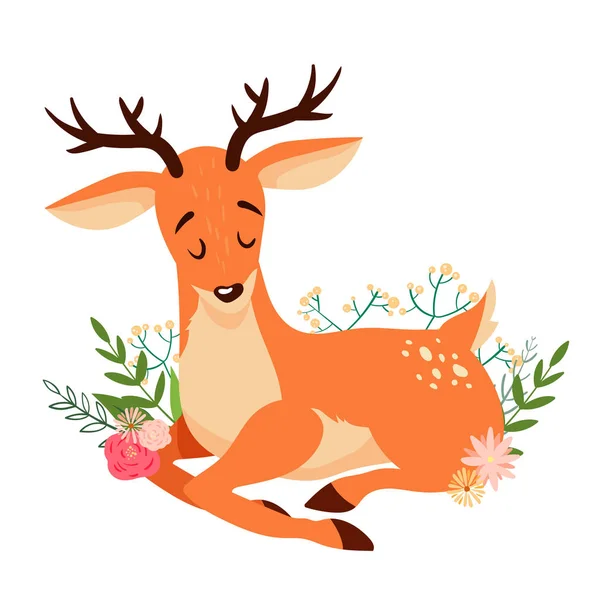 Mignon cerf de bande dessinée couché avec des éléments floraux . — Image vectorielle