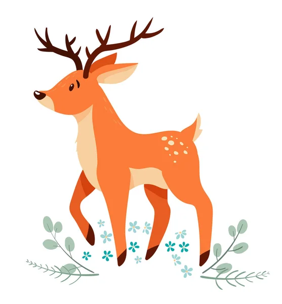 Cervo de desenho animado bonito com elementos florais . — Vetor de Stock