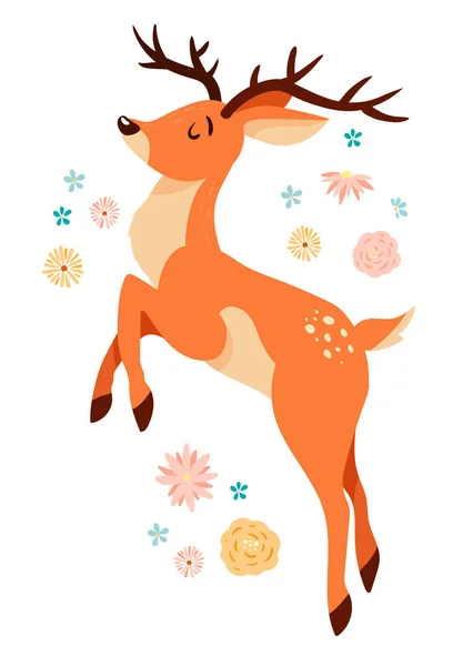 Mignon sautant cerf de bande dessinée avec des éléments floraux . — Image vectorielle