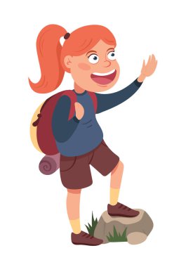Illustration of cute cartoon girl with hiking backpack.