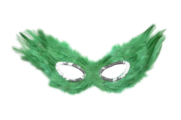 Fancy Green Feather Mask Silver Beads Isolated White Background — Stock Photo, Image