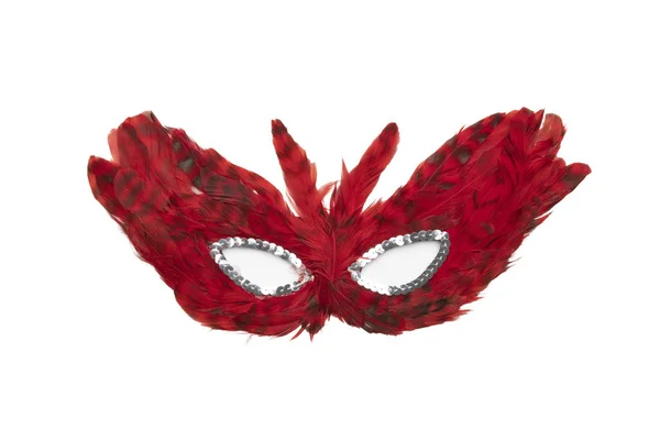 Máscara Pena Vermelha Escura Com Contas Prata Isoladas Fundo Branco — Fotografia de Stock