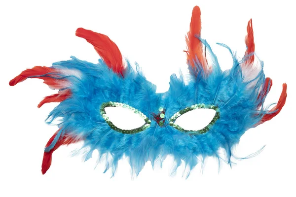 Fancy Festive Blue Orange Red Feather Mask Isolated White Background — Stock Photo, Image