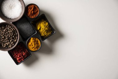 Beyaz zemin üzerinde tuz, siyah susam, haşhaş tohumu, balkabağı çekirdeği, kırmızı kuru biber, Goji üzümü, köri, kişniş, Bahari, kakule, sarımsak ve zerdeçal içeren farklı kâseler.