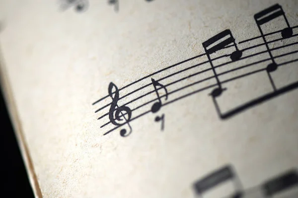 Treble clef and musical notes in the old musical notebook