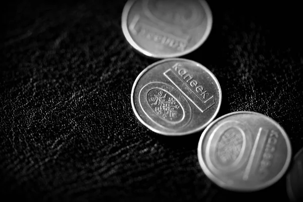 Belarusian coins scattered on a dark surface close up. Monochrome money background