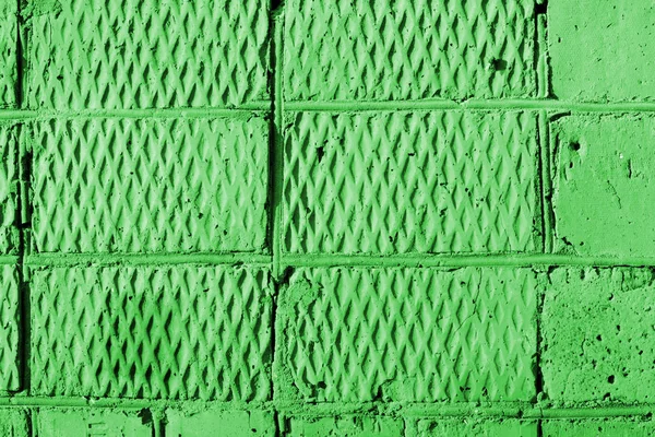Brick wall texture in sunny day close-up. Abstract background green color toned
