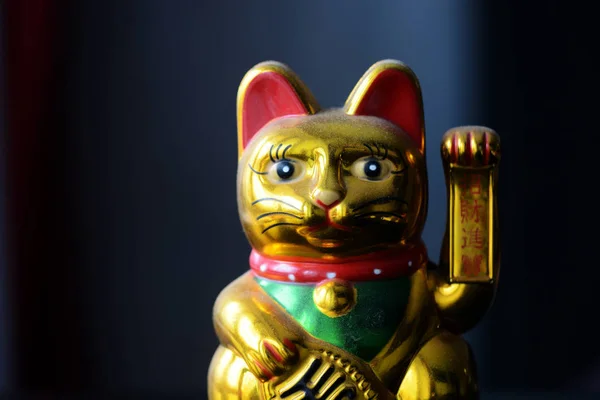 Golden Maneki Neko, the Lucky Cat, covered with dust. The concept of time and expectation of good luck