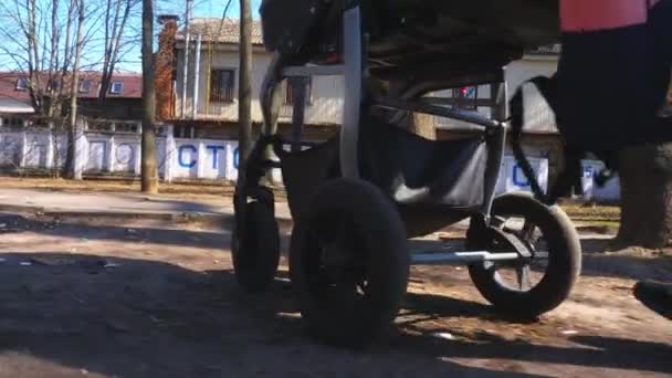 Детская коляска движется по парковой дороге . — стоковое видео