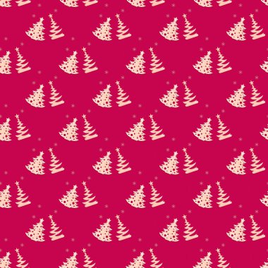 Gül kırmızısı arka planda oyulmuş ahşap ağaçlar ve kar tanelerinin Noel şenliksiz yaratıcı deseni.