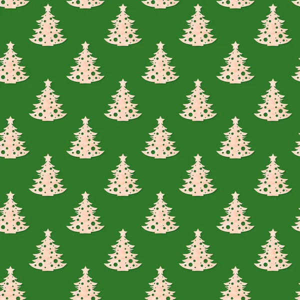 Christmas festive creative seamless pattern of carved wooden christmas trees on green background. — Stock Photo, Image