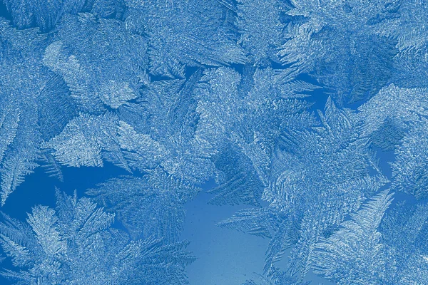 Nahaufnahme Weihnachten oder Neujahr Hintergrund in der Trendfarbe 2020 classic blue. Winterfrostmuster auf Fensterscheibe. — Stockfoto