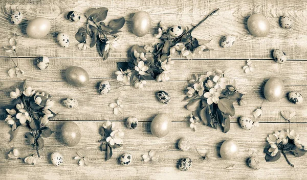 Velikonoční monochromatické složení jabloně strom květiny, křepelky a slepice vejce na dřevěném pozadí. — Stock fotografie