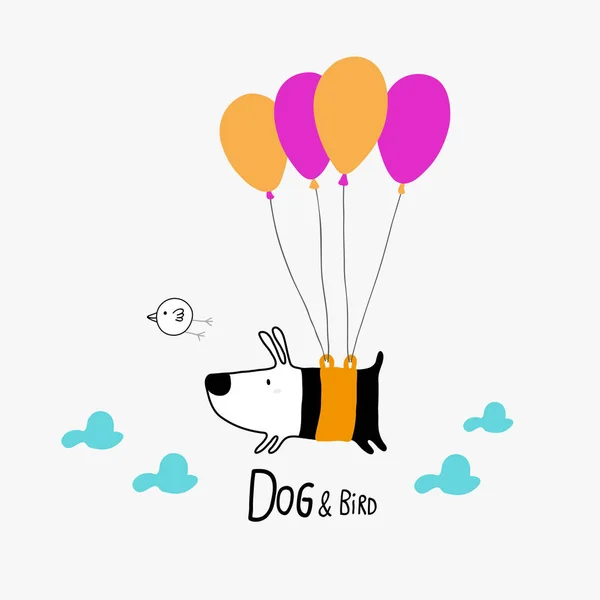 Perro y pájaro volando con globos, diseño de personajes — Vector de stock