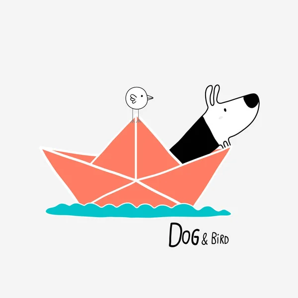 Dog & Bird em um barco de papel, design de personagem — Vetor de Stock