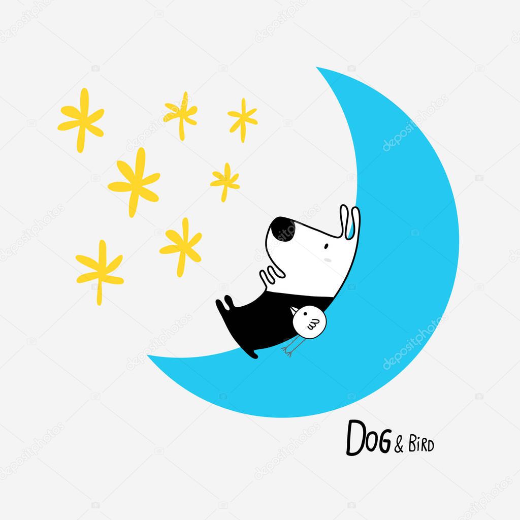 Dog & Bird in the Moon looking at the stars, character design for decoration
