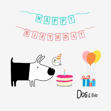 Köpek ve kuş iyi ki doğdun, vektör çizim