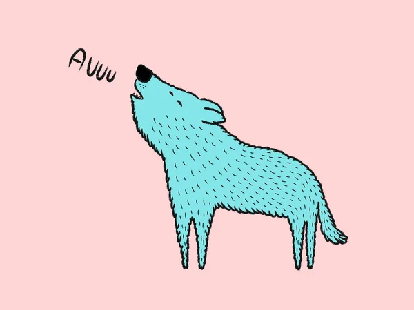 Blauwe Wolf howling cartoon, vector illustratie — Stockvector