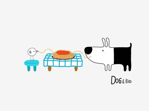 Dog & Bird comer espaguete, design de personagem — Vetor de Stock