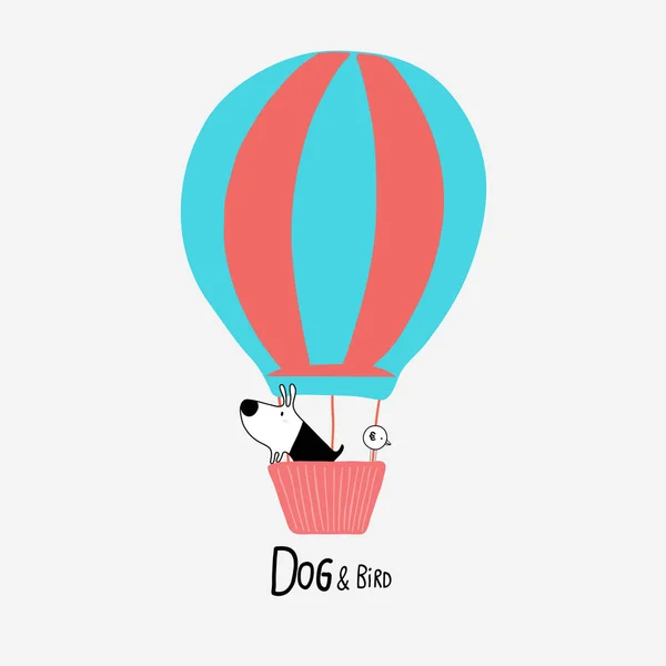 Dog & Bird em um balão de ar quente, ilustração vetorial — Vetor de Stock